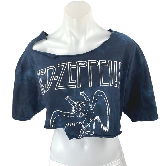 Led Zeppelin Blue Tie Dye Short Sleeve Distressed Frayed Crop Tee T-Shirt Top L - Picture 1 of 4